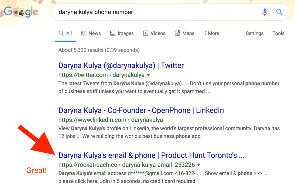 Searching for personal phone number on Google