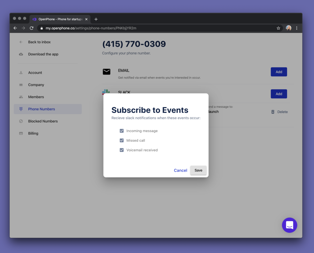 Confirm which events including incoming SMS messages, missed calls, and voicemail you want to push to Slack