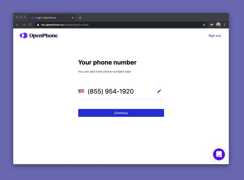 Signing up to get a toll-free number in OpenPhone