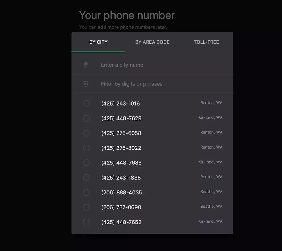 How to get a business phone number: screenshot of phone numbers BY CITY