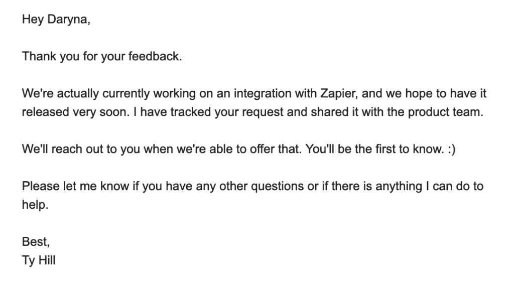 Thanking someone for providing feedback through email