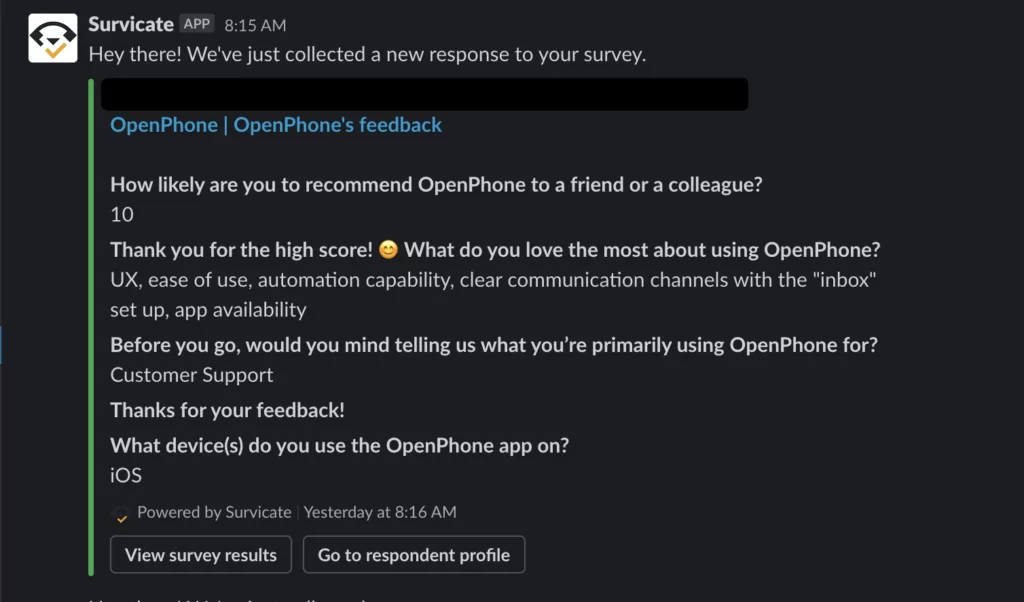 Survey response automatically pushed into a Slack channel