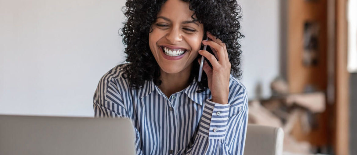 A woman talking on an internet phone