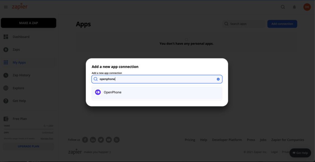Screenshot showing how to add OpenPhone in Zapier