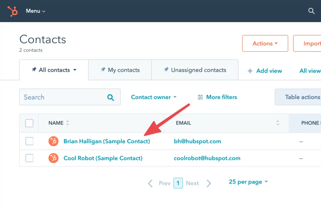 selecting specific contacts in HubSpot