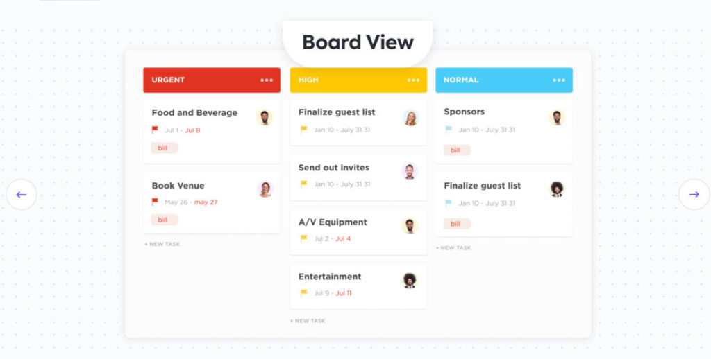 Remote work tools: A screenshot of ClickUp's board view