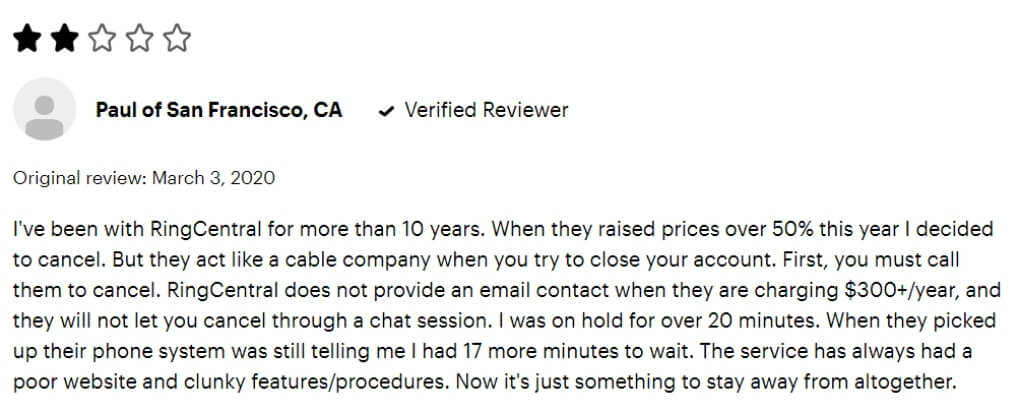 Screenshot of customer review of RingCentral