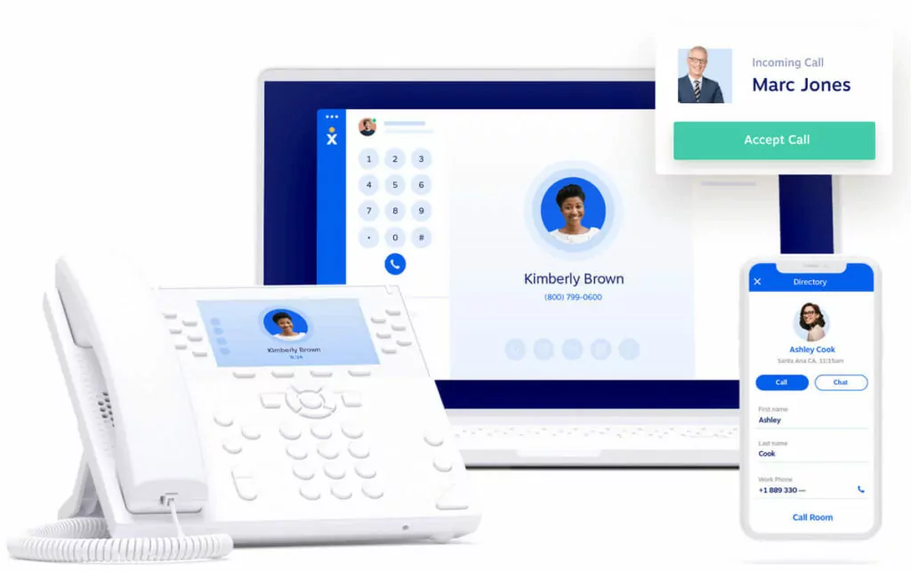 Vonage alternatives: Phone, laptop and mobile phone with open Nextiva app on the screens