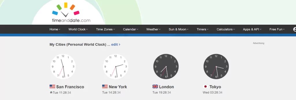 how to call UK from US: screenshot of different clocks and cities from Time and Date