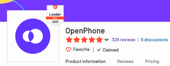 OpenPhone G2 reviews showing as the top business phone system compared to Google Voice vs Sideline