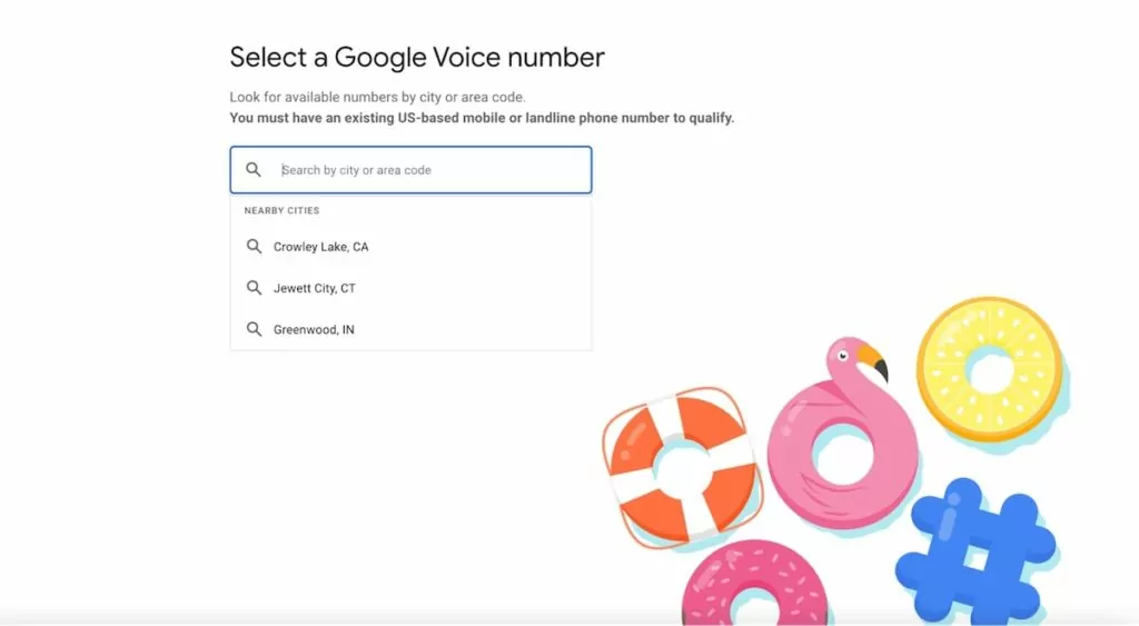 How signing up for a Google Voice number works, search by city to check availability for a number with that city's area code