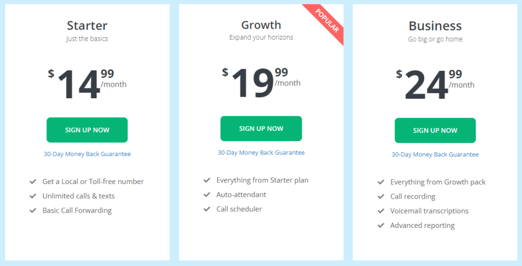 Line2 pricing page
