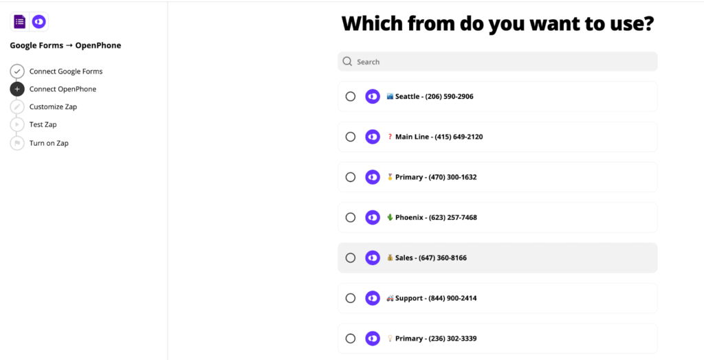 Select number to connect OpenPhone to Google Forms