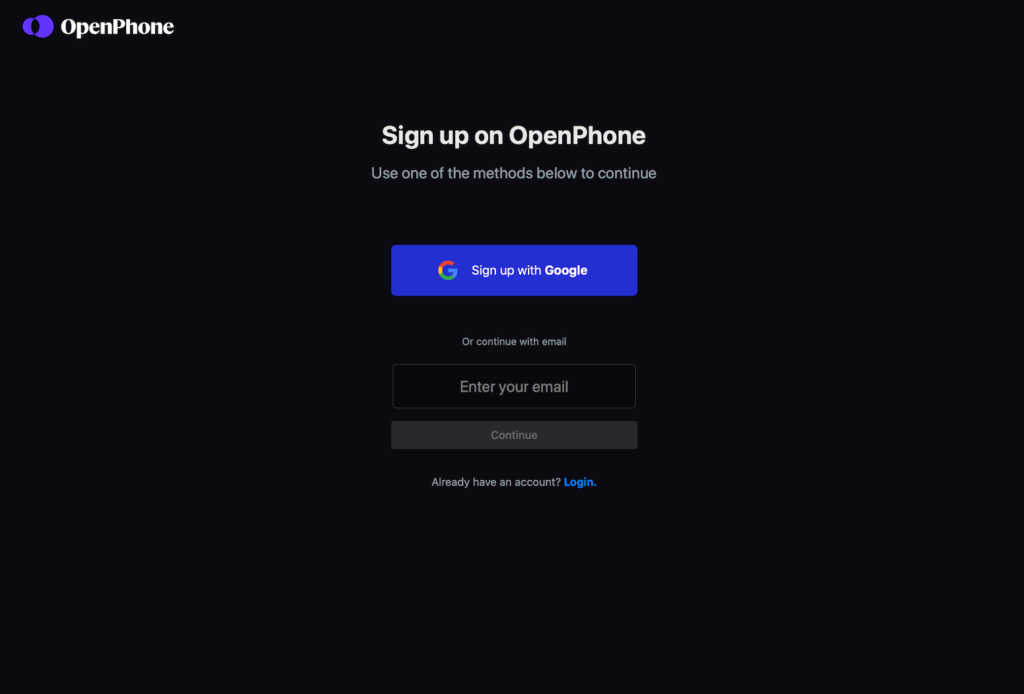 Signing up for a business phone number by first creating an OpenPhone account