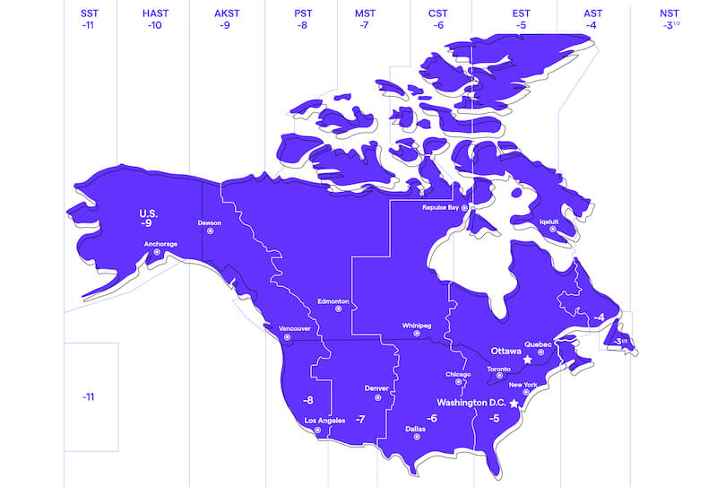 Map of US and Canada showing the timezones for different regions to help factor when calling US from Canada. 
