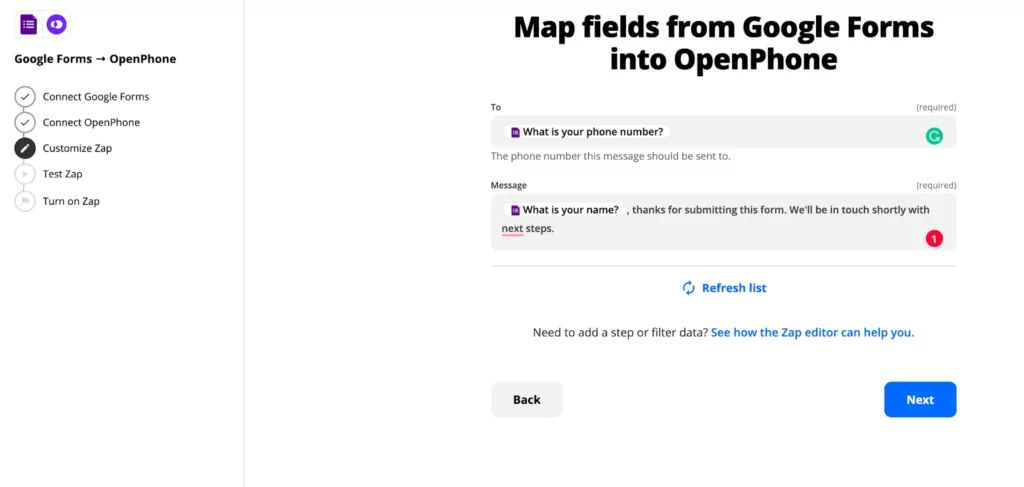Mapping the text fields in your Google Form to your automatic text messages in Zapier to personalize text messages