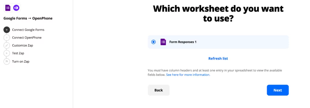 Selecting a worksheet that collects your Google Form responses in Zapier