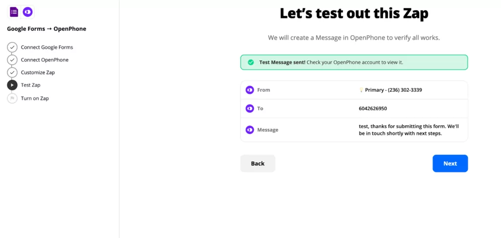 Successful test automatic text message sent in Zapier