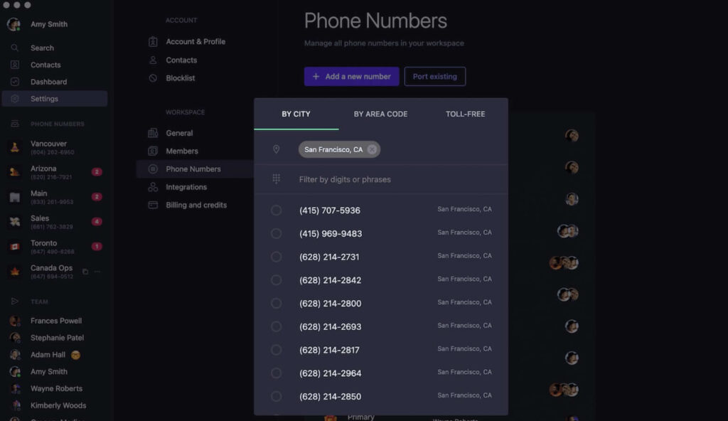 Selecting a phone number in OpenPhone