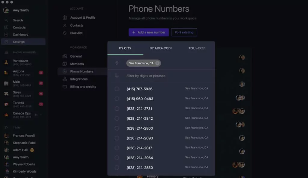 Selecting a phone number in OpenPhone