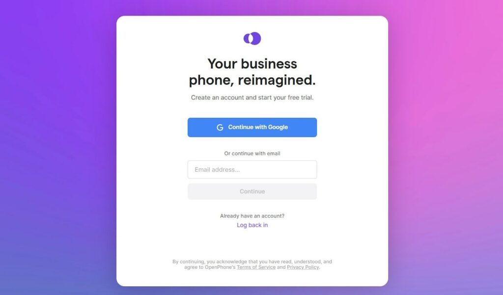 Out of office text message: OpenPhone login page