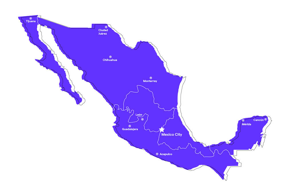 Calling Mexico from US: a map of Mexico with the major cities listed