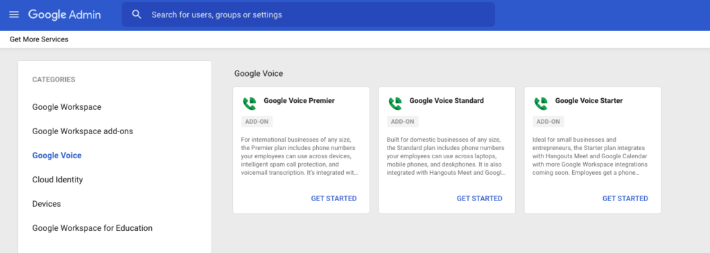 Screenshot of Google Admin panel to get started using Google Voice for business