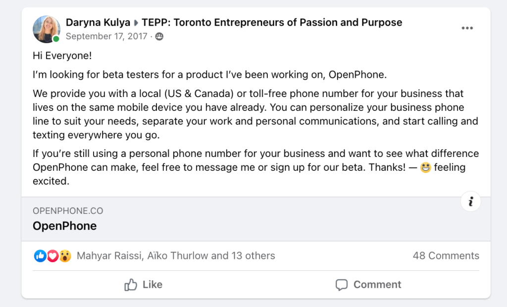 posting in the Toronto Entrepreneurs of Passion and Purpose Facebook group