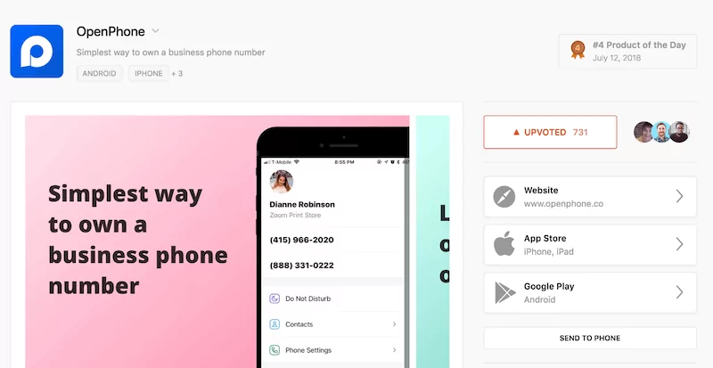 OpenPhone being featured on ProductHunt
