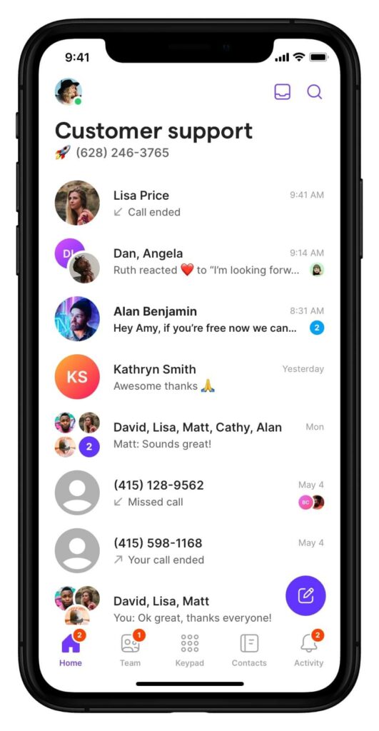 Screenshot of contacts in OpenPhone's mobile app, one of the best second phone number apps.