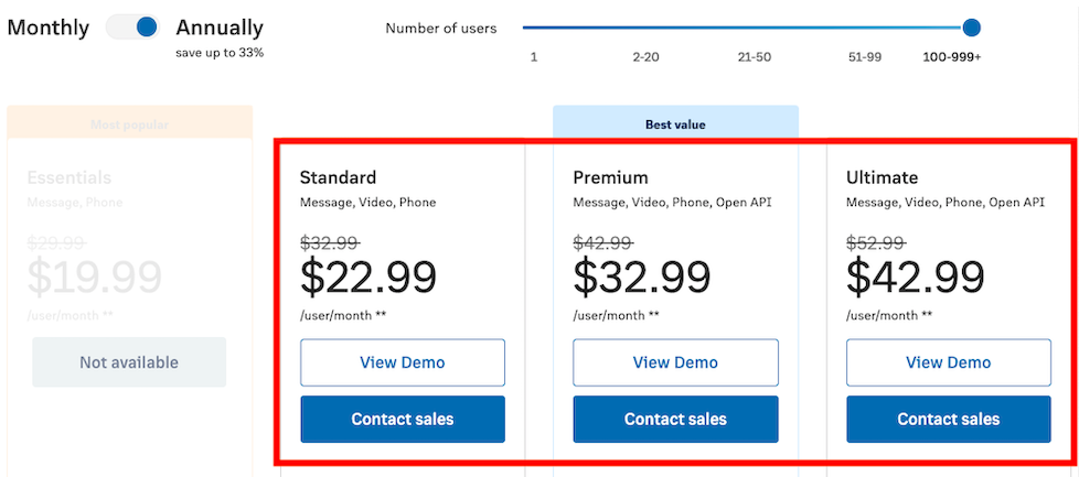 Phone.com vs RingCentral: RingCentral pricing for 100+ users