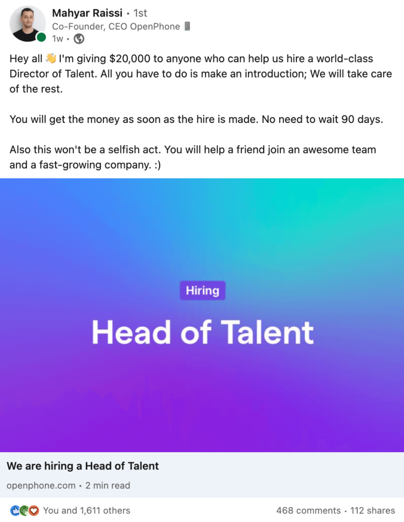 Mahyar Raissi posting on LinkedIn offering $20,000 for a successful Head of Talent referral