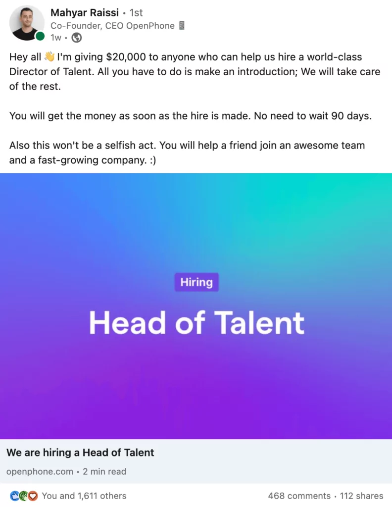 Mahyar Raissi posting on LinkedIn offering ,000 for a successful Head of Talent referral