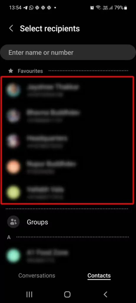 How to forward a text on Android: Select recipients