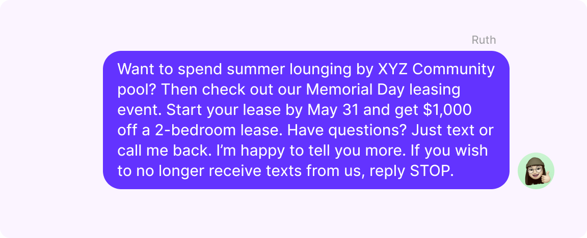 Apartment text example of a leasing special offer