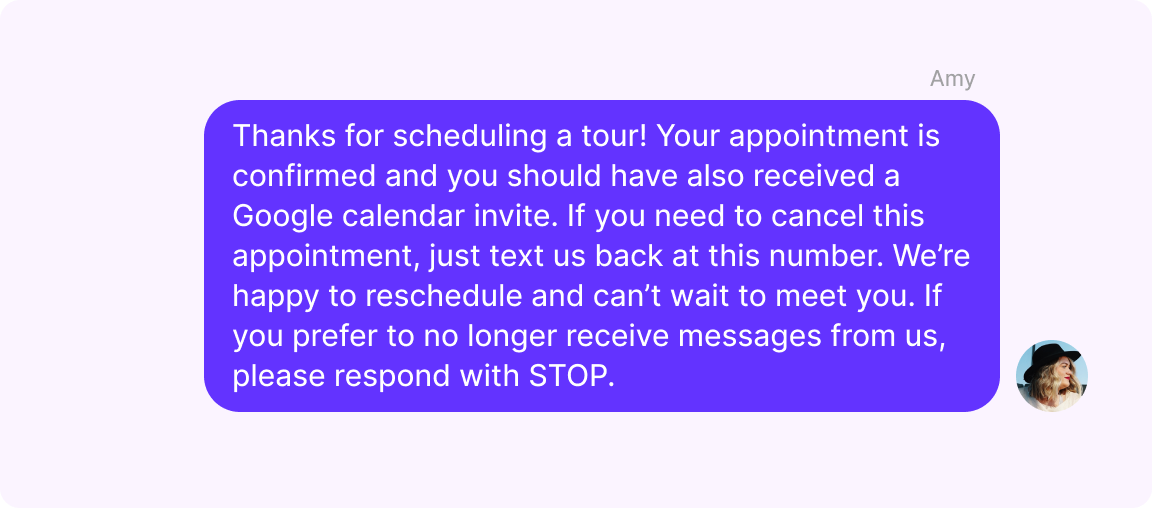 Apartment text example for confirming a community tour to a prospective tenant
