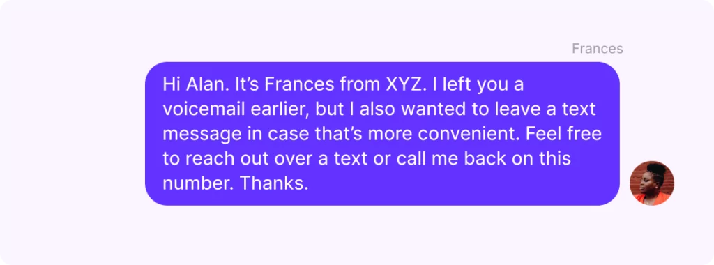 Follow-up text message example after leaving a voicemail. 