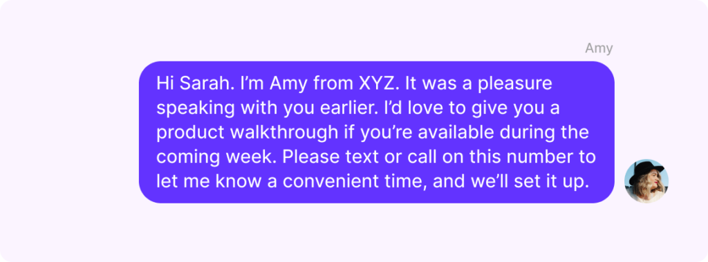 Follow-up text message example after a walkthrough. 