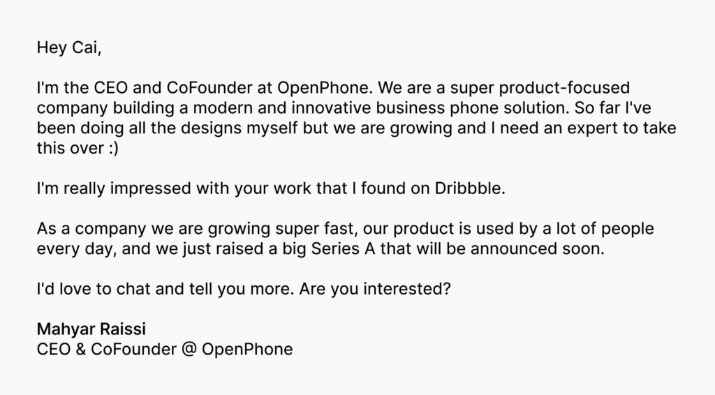 OpenPhone founder Mahyar Raissi reaching out to Cai via email to see if he would be interested in a design role at his company