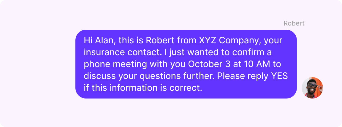Insurance appointment confirmation text example