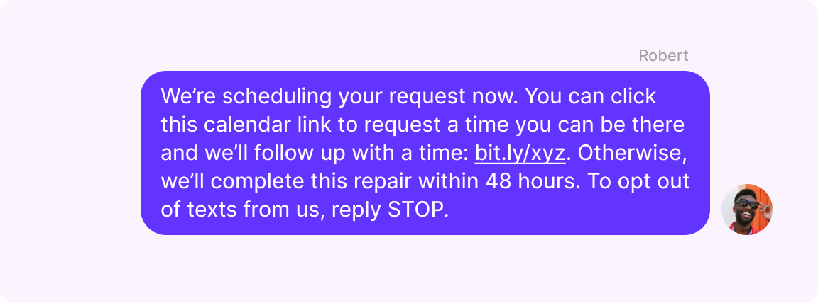 Apartment text example: response to a maintenance request 