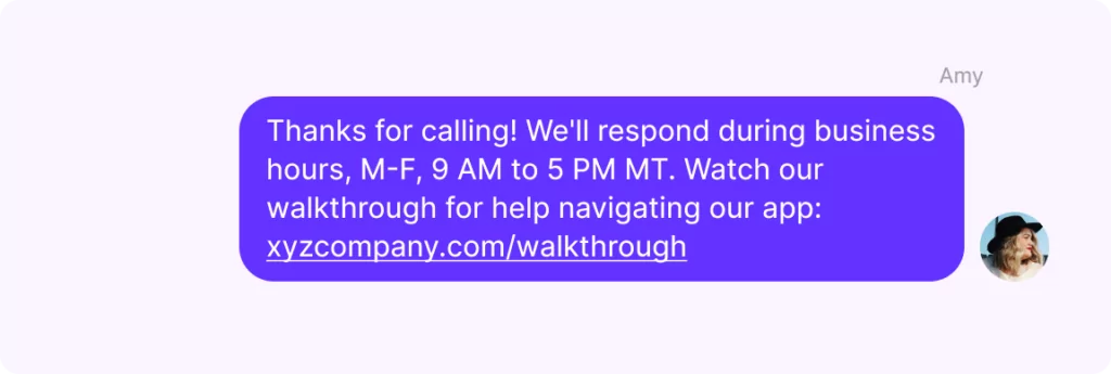 Out-of-office text example that redirects the recipient to a product walkthrough. 
