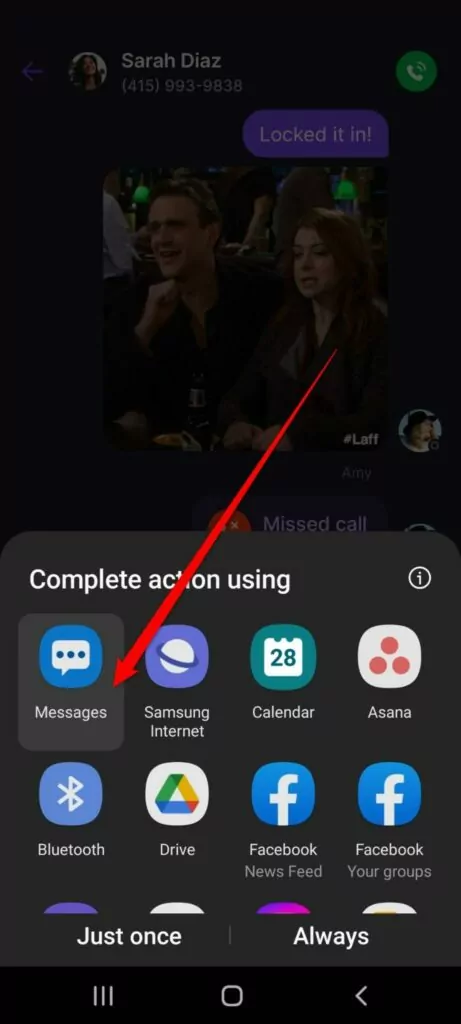 Red arrow pointing at the Messages app