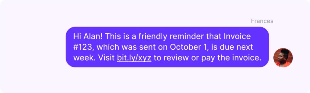Upcoming payment reminder message text example