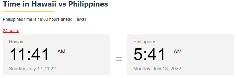 Graphic showing Philippines time is 18 hours ahead of Hawaii.