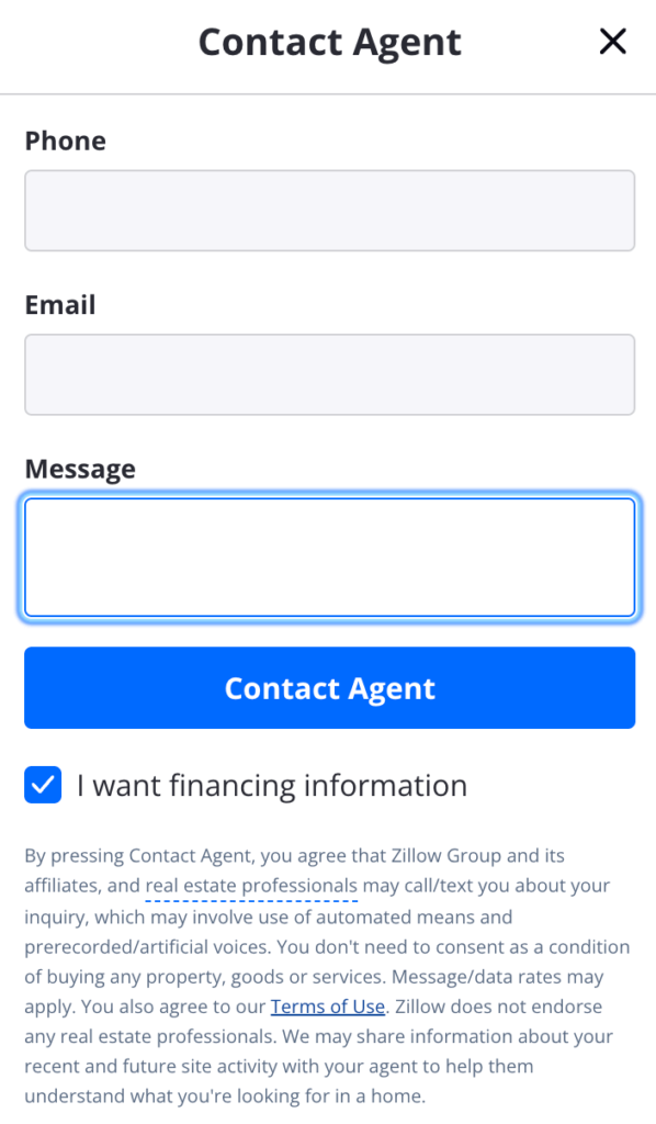 Example of a website form with a disclaimer that informs the visitor they are opting into potentially receiving calls and texts from a real estate agent. 