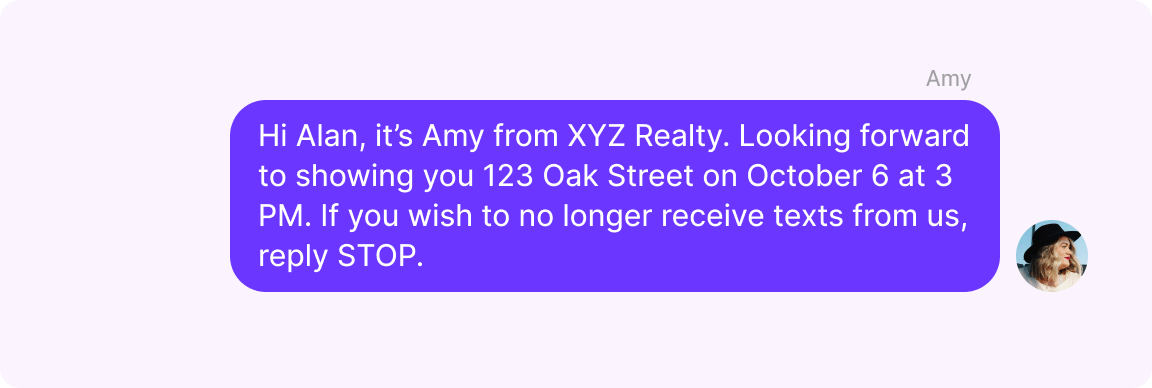 Real estate text messaging: Text example for an appointment reminder around a schedule showing.