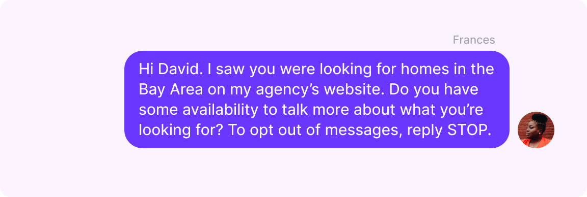 Real estate text messaging: Welcome text example after someone fills out an inquiry form on a website
