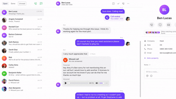 OpenPhone desktop app showing call recordings, texts, and voice messages are in a single conversation thread for each contact