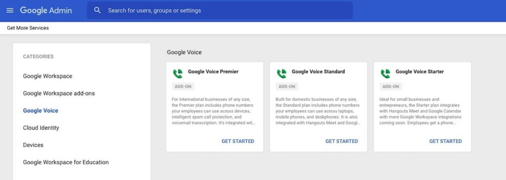 Port number to Google Voice: screenshot of Google Voice admin panel